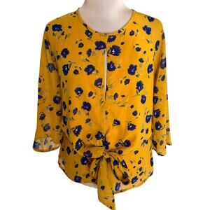 Harper Heritage Gold Floral Tie Front Chiffon Blouse Top Boho Feminine Colorful